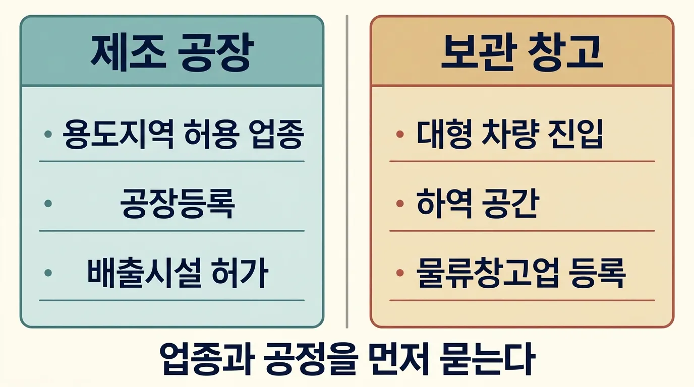 공장·창고 중개에서 업종에 따라 확인 단계의 무게가 달라지는 구조 도해