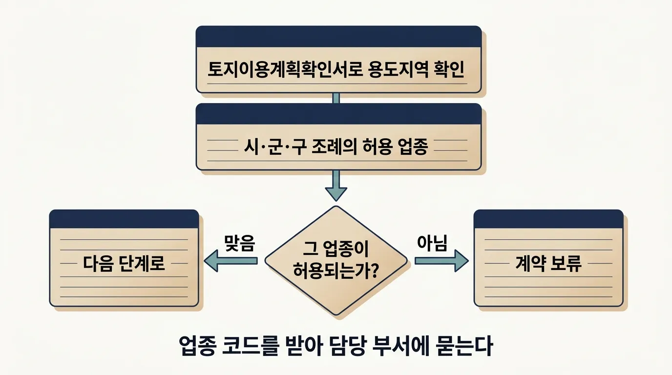 토지이용계획확인서 용도지역과 조례 허용 업종을 대조하는 흐름도