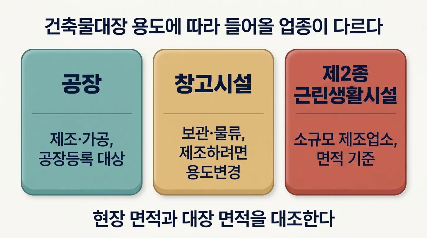 건축물대장 용도가 공장·창고·근린생활시설일 때 들어올 수 있는 업종 비교