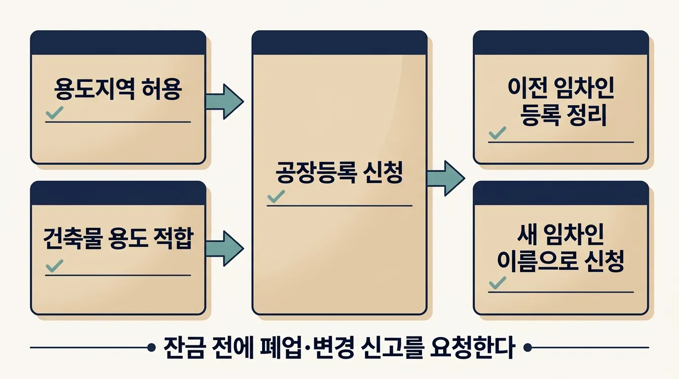 공장등록 여부 확인과 새 임차인 등록 신청이 앞 단계와 맞물리는 구조 도해