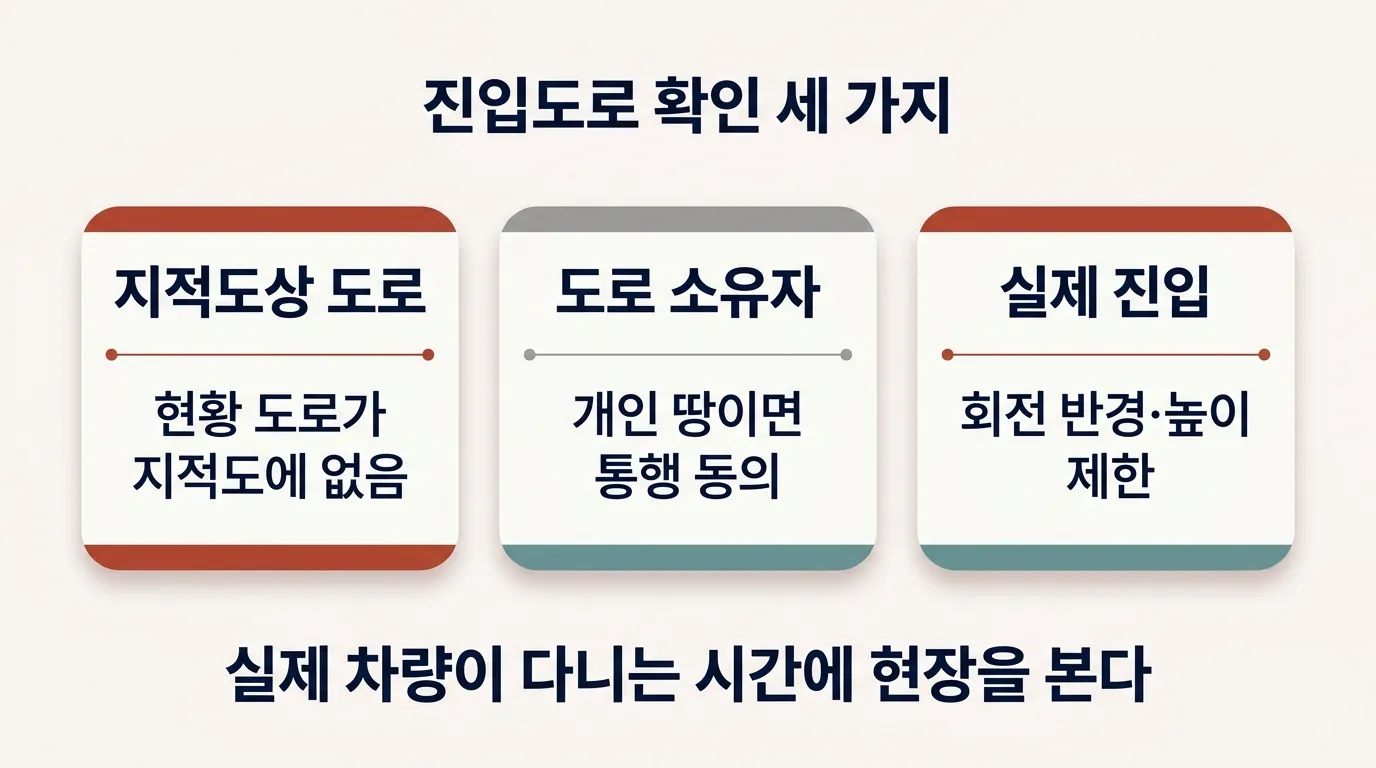 공장·창고 진입도로를 지적도·도로 소유자·현장 차량 여건으로 확인하는 도해