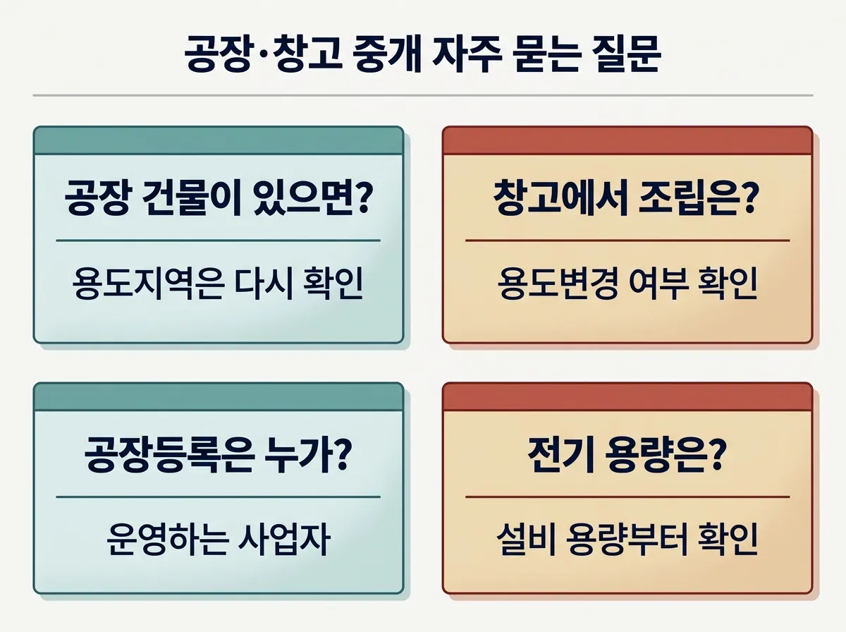 공장·창고 중개에 관한 자주 묻는 질문 네 가지와 짧은 답변 카드