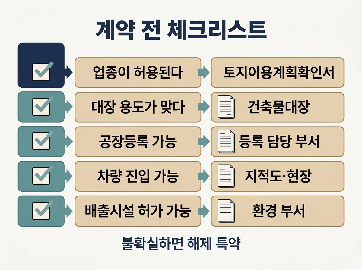 공장·창고 계약 전 5단계 체크리스트와 확인 서류·부서 정리 도해