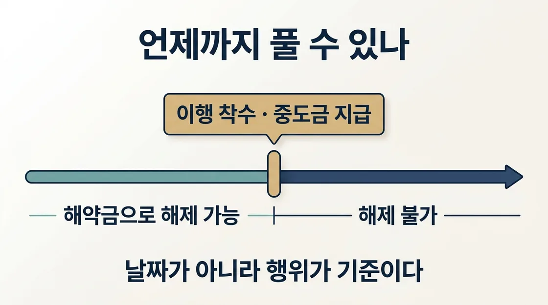이행 착수 시점을 기준으로 해제 가능 여부가 갈리는 구조 도해