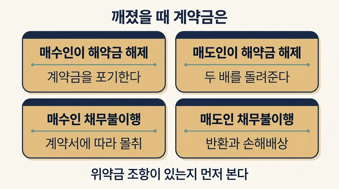 계약 해제 원인별로 계약금이 어떻게 처리되는지 정리한 도해