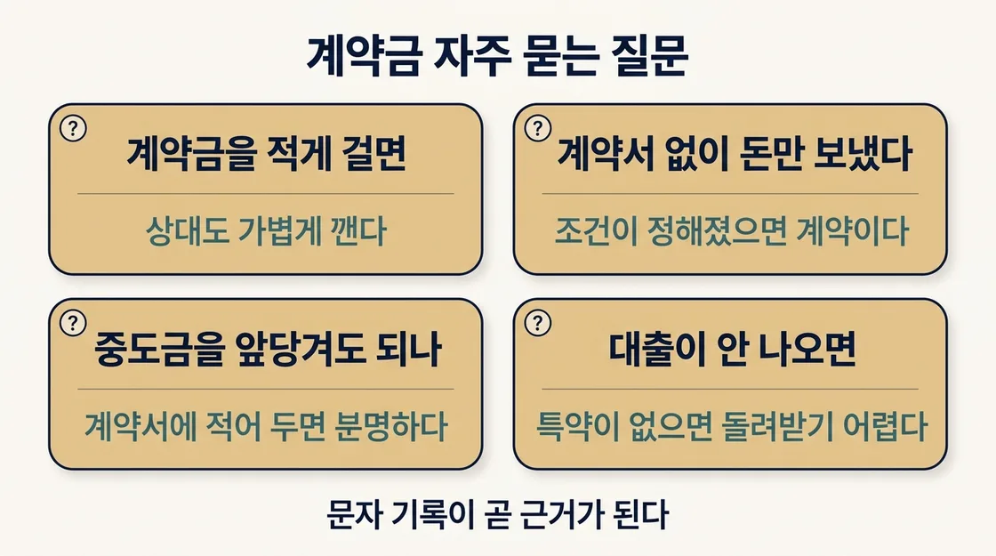 계약금 관련 자주 묻는 질문 네 가지와 핵심 답변 카드 정리