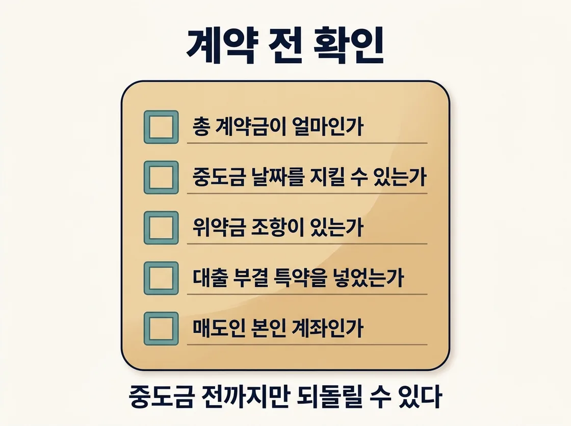 계약금 단계별로 확인할 다섯 가지 체크리스트를 정리한 도해