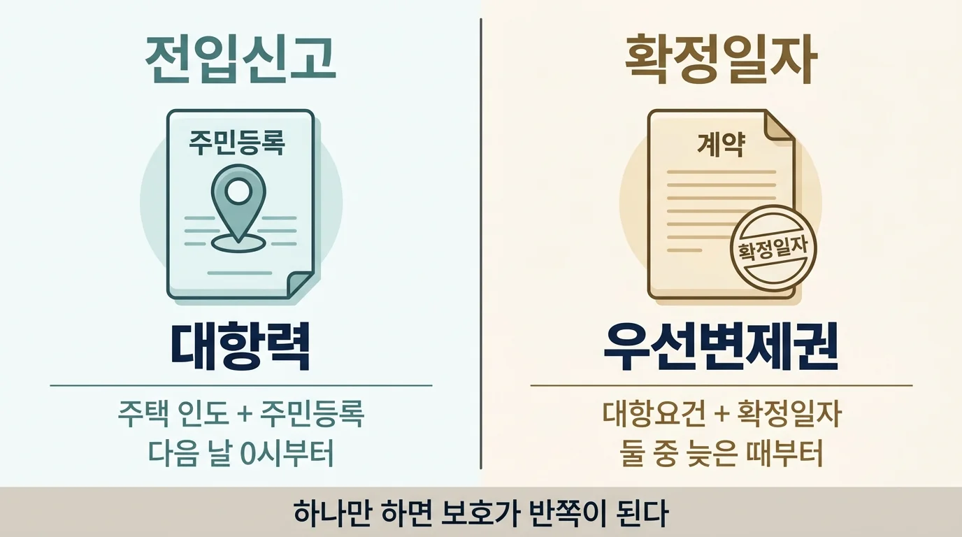 전입신고는 대항력을 확정일자는 우선변제권을 만든다는 두 갈래 구조 도해