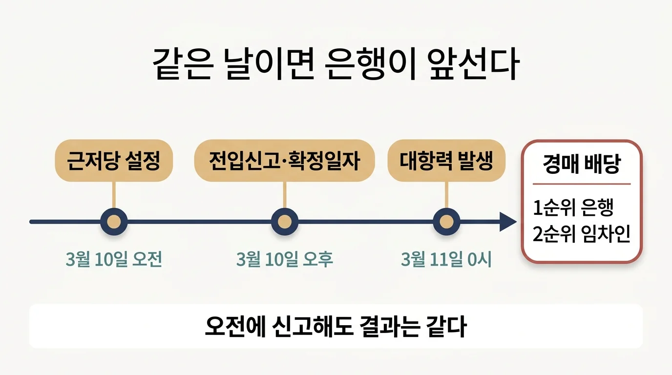 잔금일 근저당 설정과 전입신고 효력 발생 하루 차이를 보여주는 타임라인