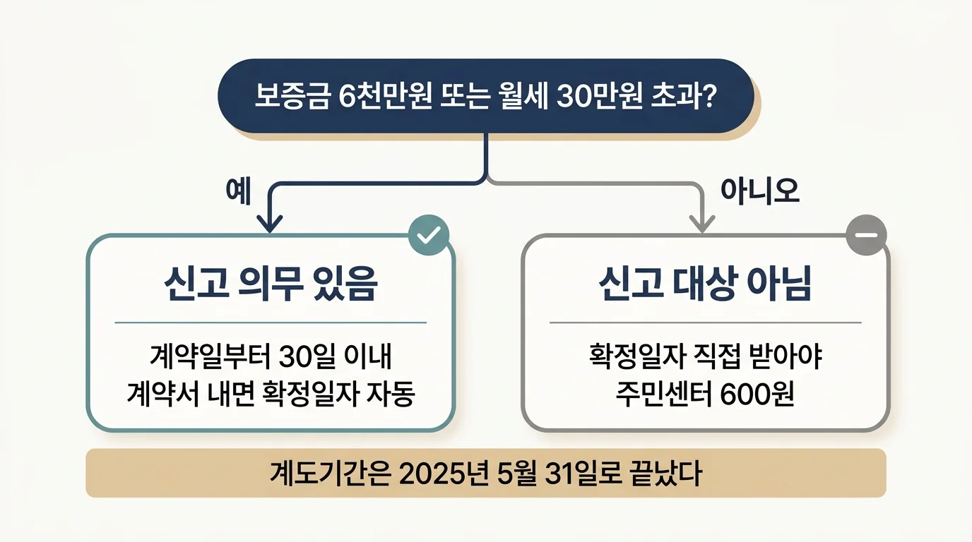 전월세 신고 대상 기준 2가지와 확정일자 자동 부여 조건 판단 도해