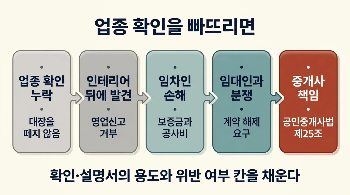 상가 업종 확인을 빠뜨렸을 때 임차인 손해가 중개사 책임으로 이어지는 구조 도해