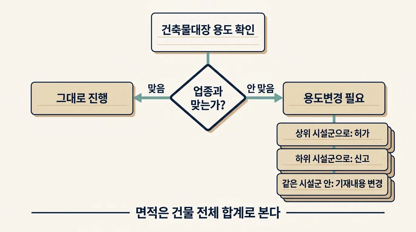 건축물대장 용도와 상가 업종을 대조해 용도변경 필요 여부를 판단하는 흐름도