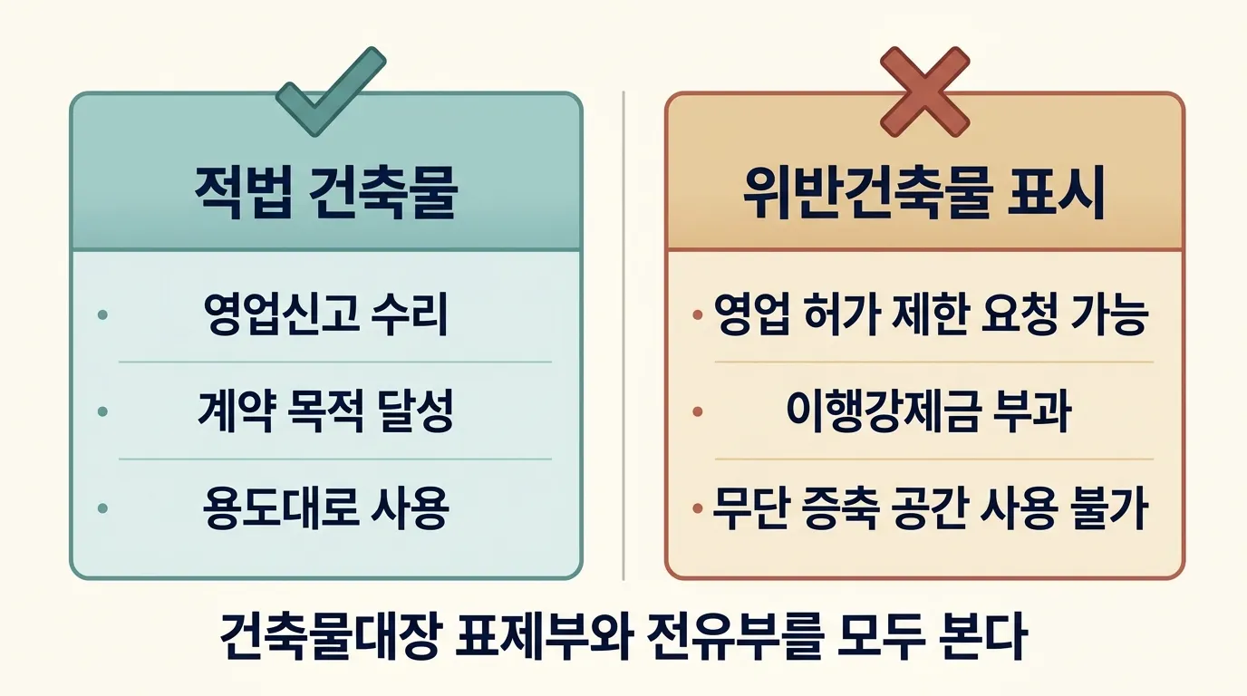 건축물대장의 위반건축물 표시가 상가 업종 영업신고 거부로 이어지는 과정 도해
