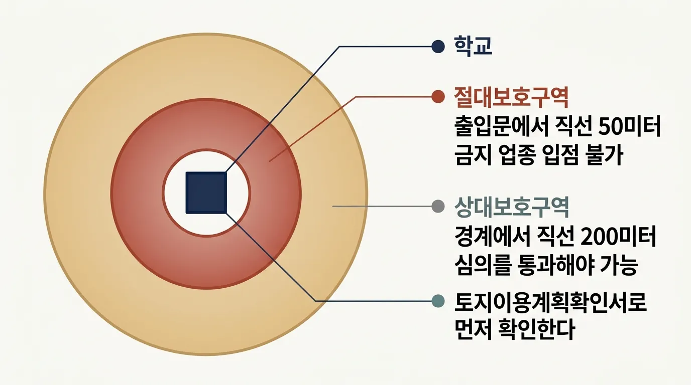 학교 출입문 50미터 절대보호구역과 경계 200미터 상대보호구역 범위 도해