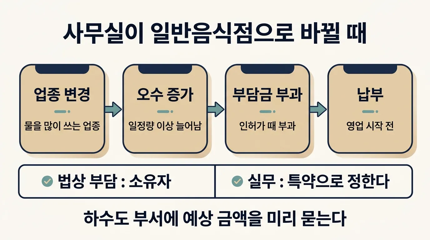 업종 변경으로 오수가 늘 때 하수도 원인자부담금이 부과되는 과정과 부담 주체