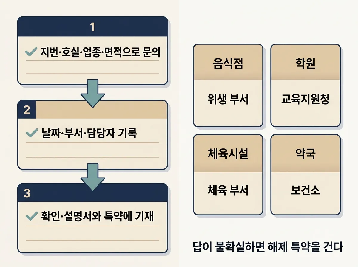 업종별 인허가 부서에 사전 문의하고 결과를 확인·설명서와 특약에 남기는 순서