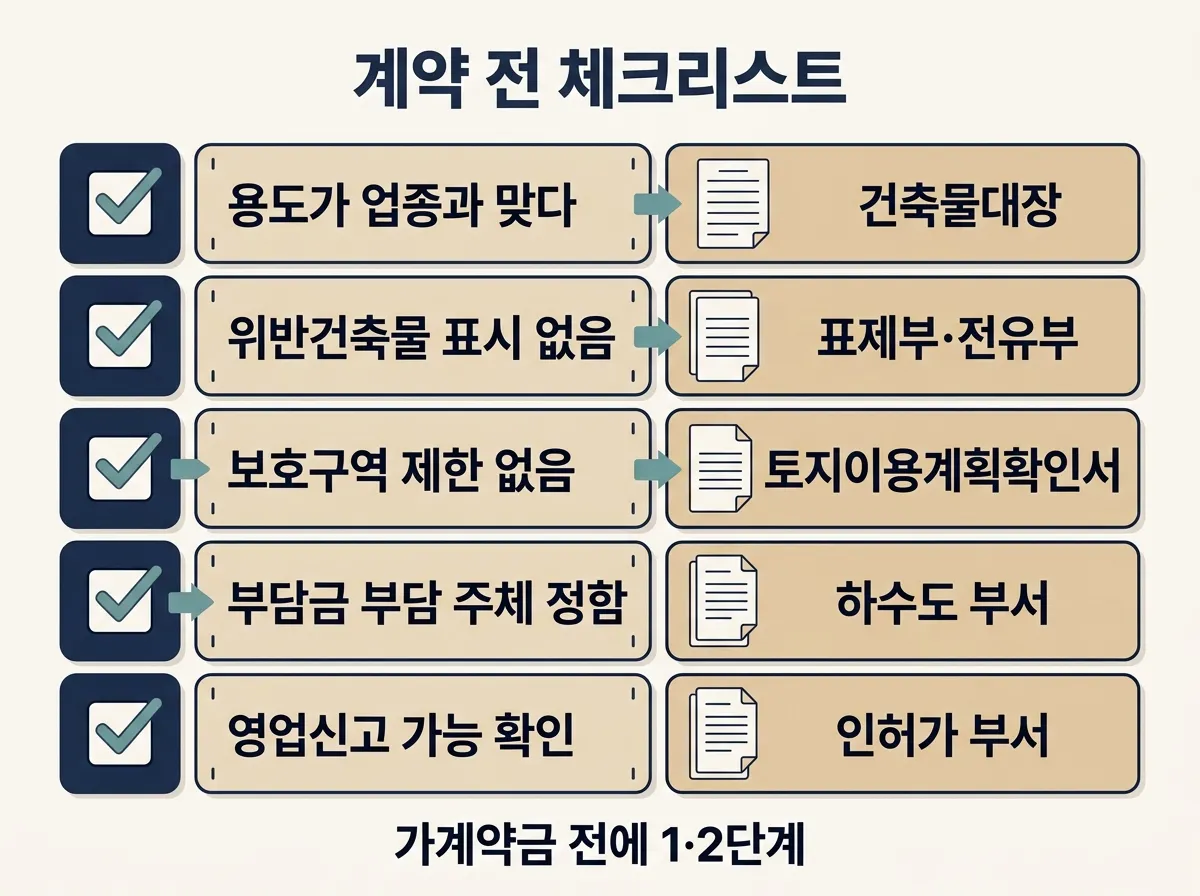 상가 계약 전 업종 확인 5단계 체크리스트와 확인 서류 정리 도해
