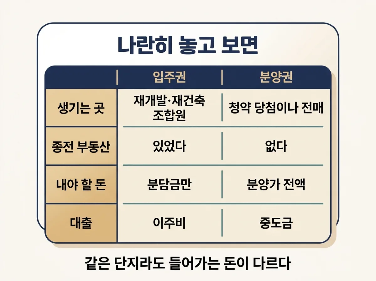 입주권과 분양권의 출발점과 분담금 구조를 나란히 비교한 도해