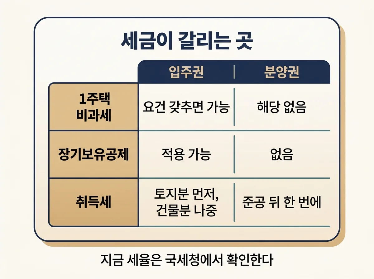 입주권과 분양권의 양도소득세와 취득세 차이를 비교한 도해