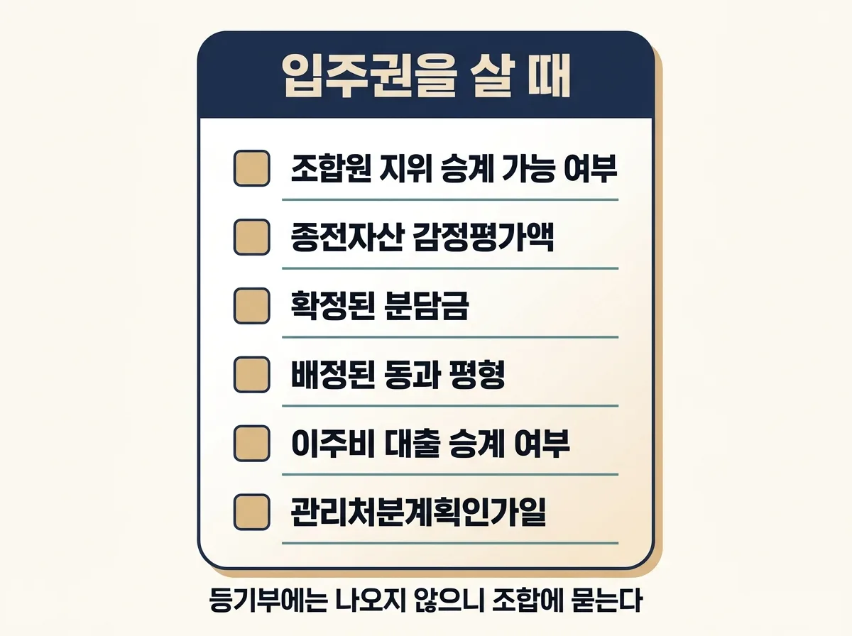 입주권을 살 때 반드시 확인할 여섯 가지 항목을 정리한 도해