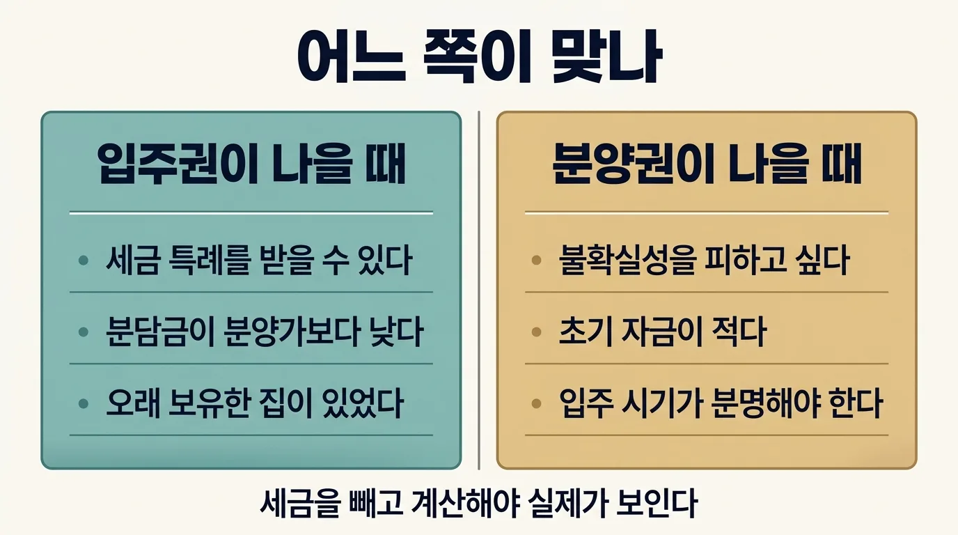 입주권과 분양권 중 어느 쪽이 나은지 상황별로 비교한 도해