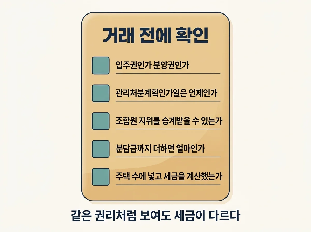 입주권 거래 전에 확인할 다섯 가지 체크리스트를 정리한 도해
