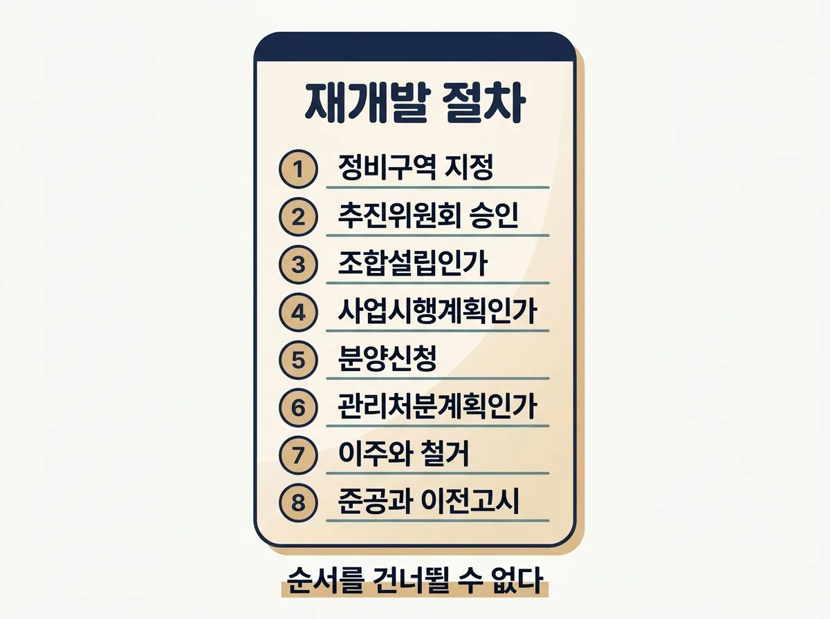재개발 절차 여덟 단계에서 각각 무엇이 정해지는지 정리한 도해