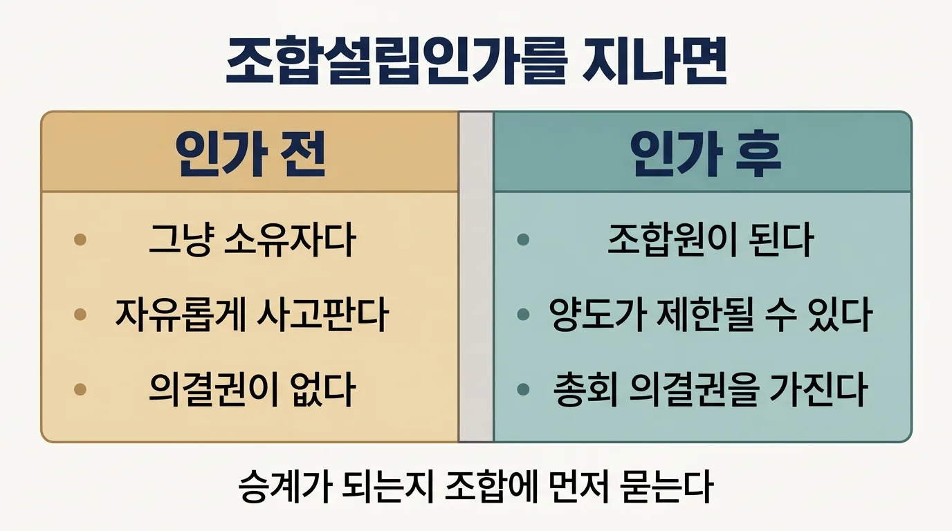 조합설립인가 전과 후로 달라지는 네 가지를 비교한 도해