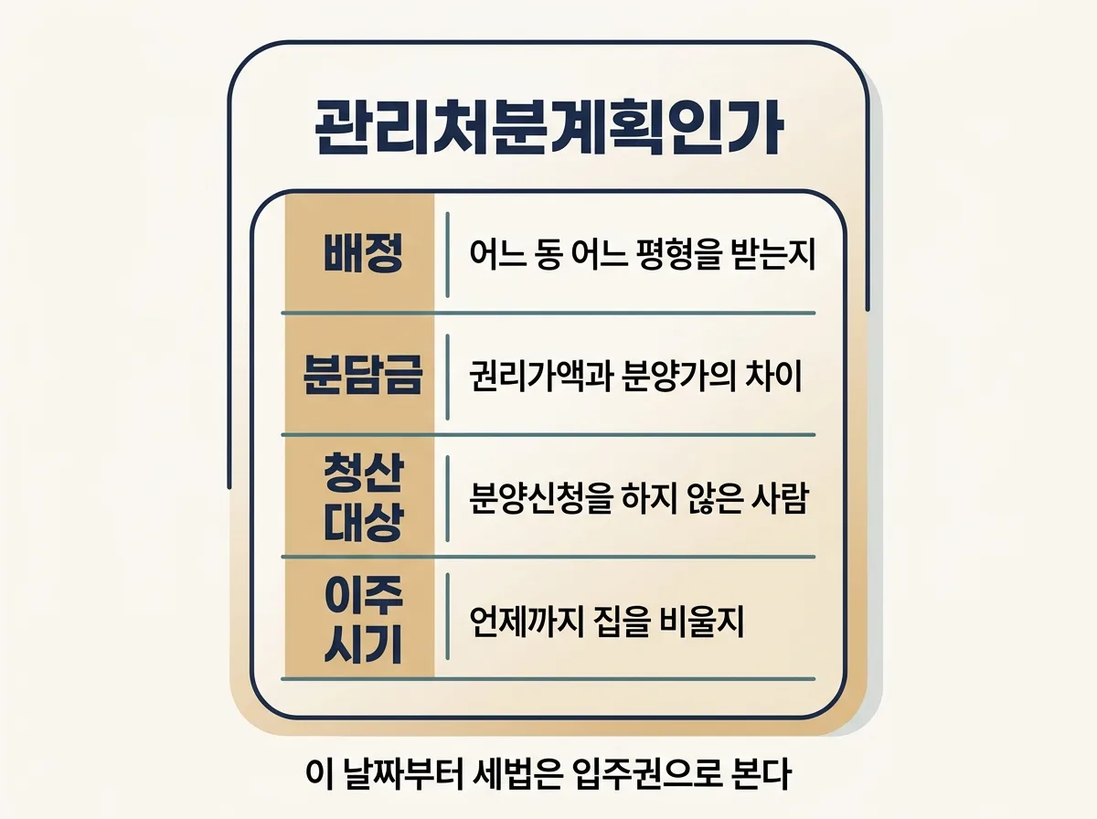 관리처분계획인가에서 확정되는 네 가지와 세법상 변화 도해