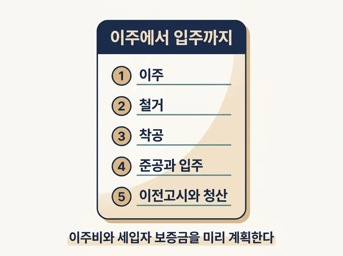 이주부터 이전고시까지 다섯 단계와 필요한 자금 정리 도해