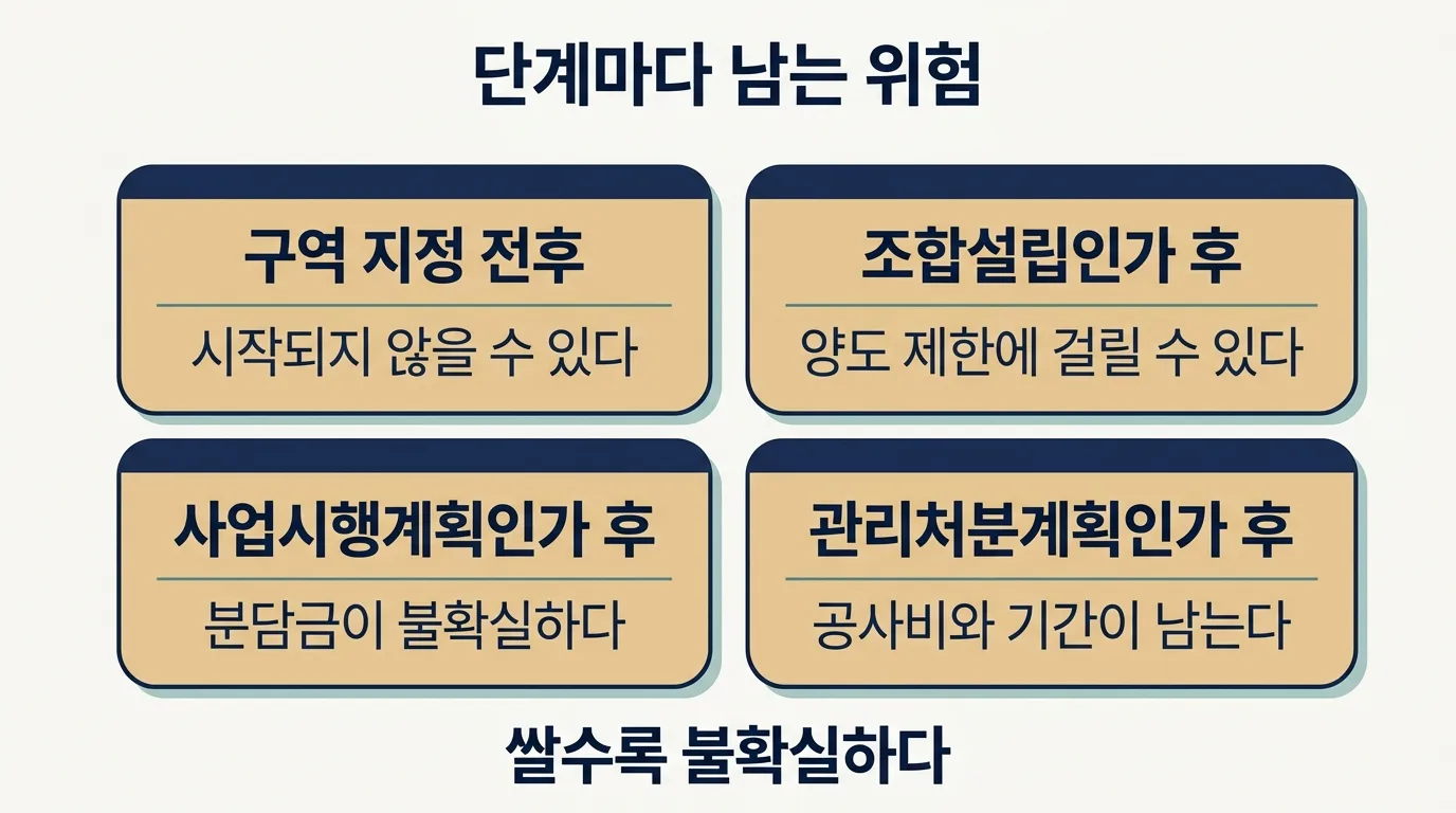 재개발 단계별로 값과 남은 위험이 어떻게 바뀌는지 비교 도해