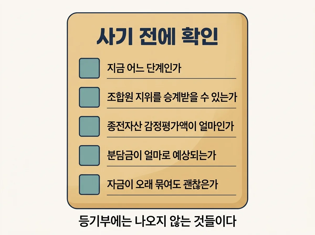 재개발 구역의 집을 살 때 확인할 다섯 가지 체크리스트 도해