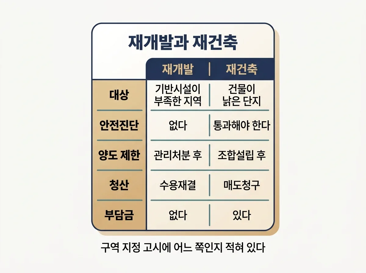 재개발과 재건축의 여섯 가지 차이를 나란히 비교한 도해