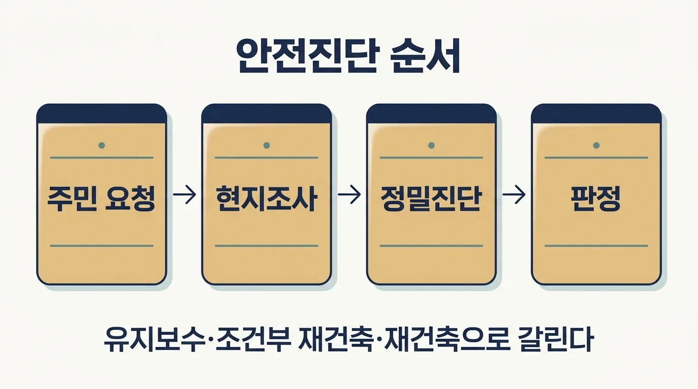 재건축 안전진단이 진행되는 네 단계를 순서대로 정리한 도해