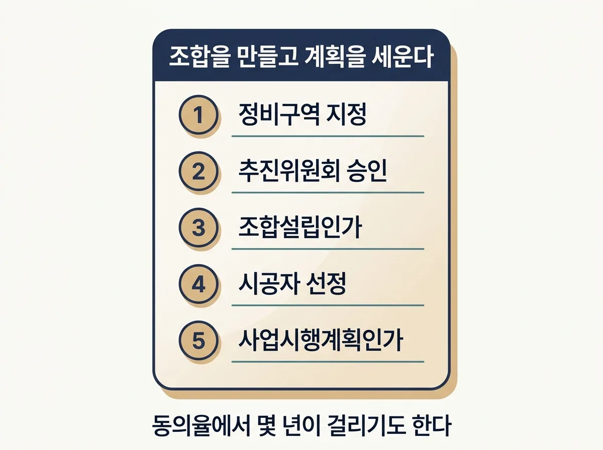 조합설립부터 사업시행계획인가까지 다섯 단계를 정리한 도해