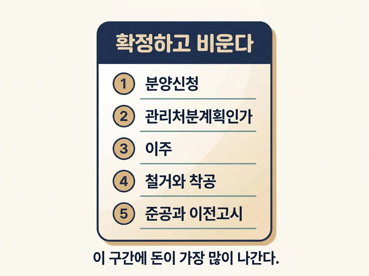 관리처분계획인가부터 이전고시까지의 흐름과 필요 자금 도해