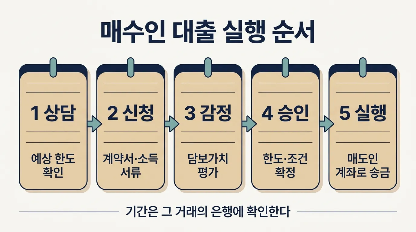 매수인 대출 신청부터 감정·심사·승인·약정·실행까지 단계별 흐름과 지연 요인