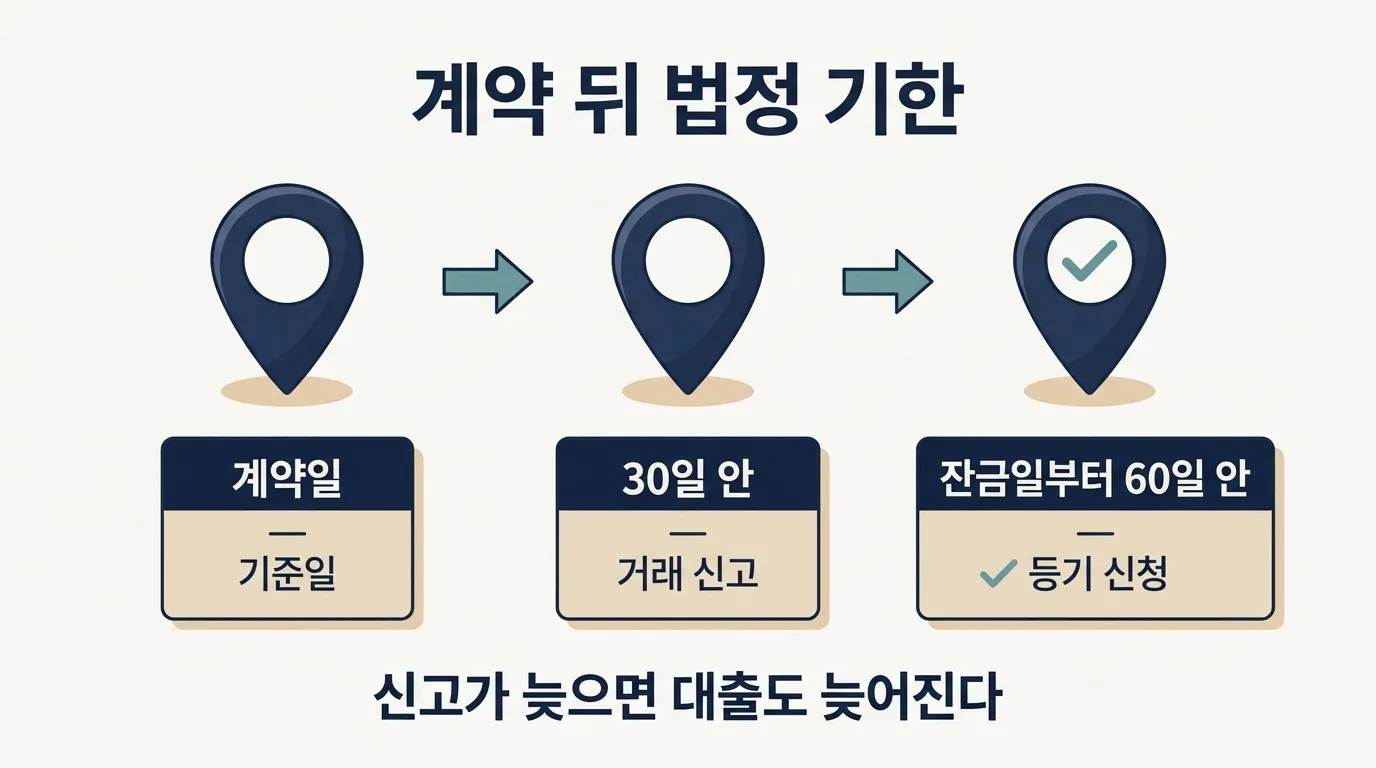 계약일 기준 거래 신고 30일과 잔금일 기준 등기 신청 60일 기한 타임라인