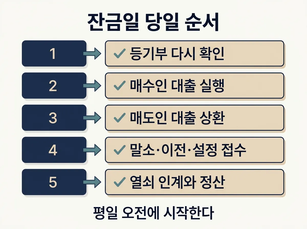 잔금일 당일 대출 실행·상환·말소·등기·이사가 겹치는 순서와 담당자 도해