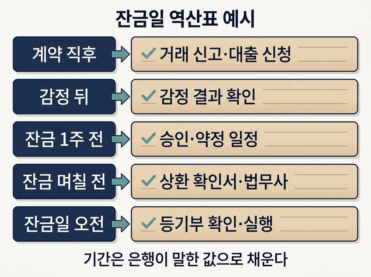 잔금일을 끝에 두고 대출·신고·상환·이사 일정을 거꾸로 채우는 역산표 예시
