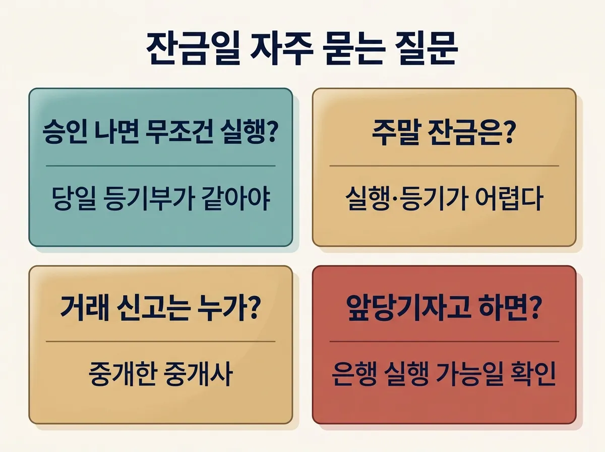 잔금일과 매수인 대출에 관한 자주 묻는 질문 네 가지와 짧은 답변 카드