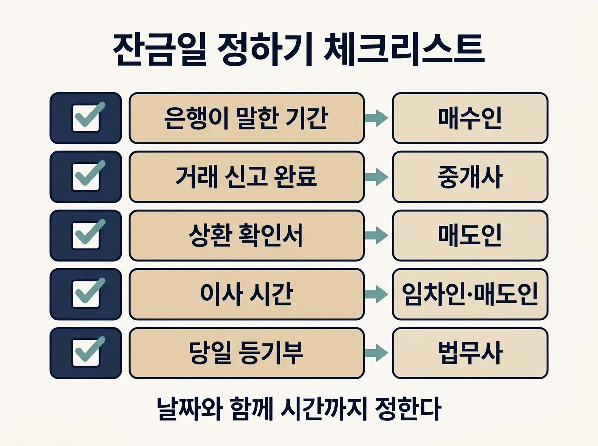 잔금일 역산 체크리스트와 단계별 확인 담당자 정리 도해