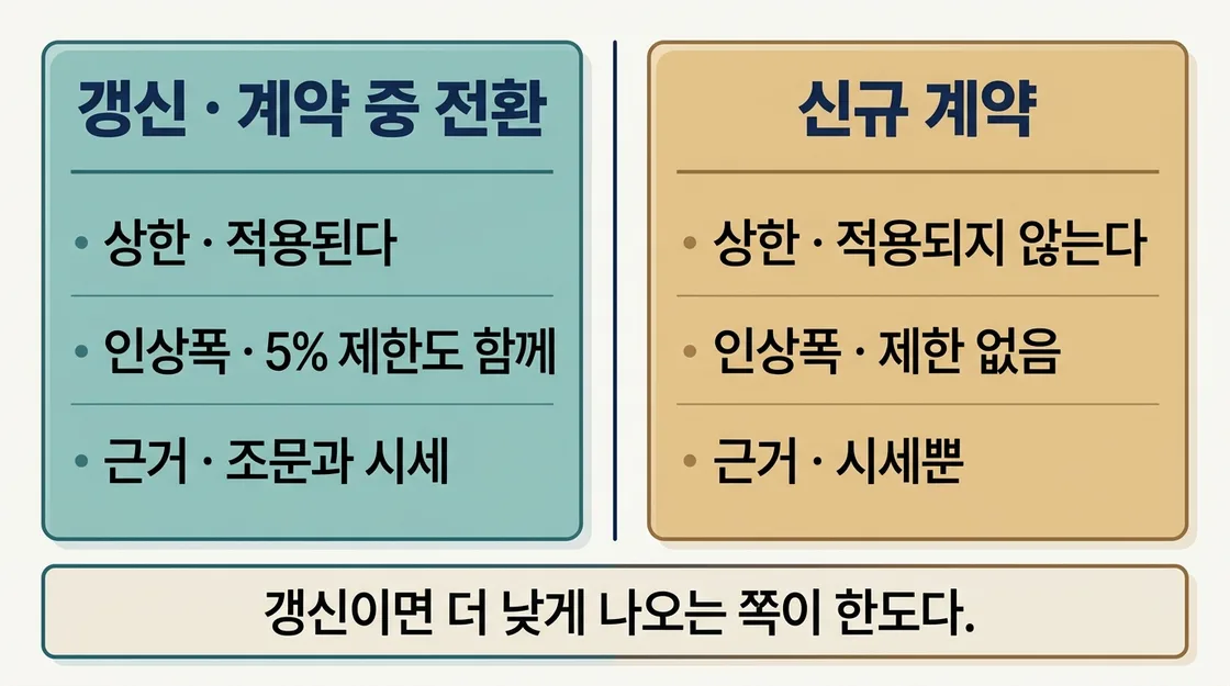 갱신과 신규 계약에서 전환율 상한 적용 여부를 나란히 비교