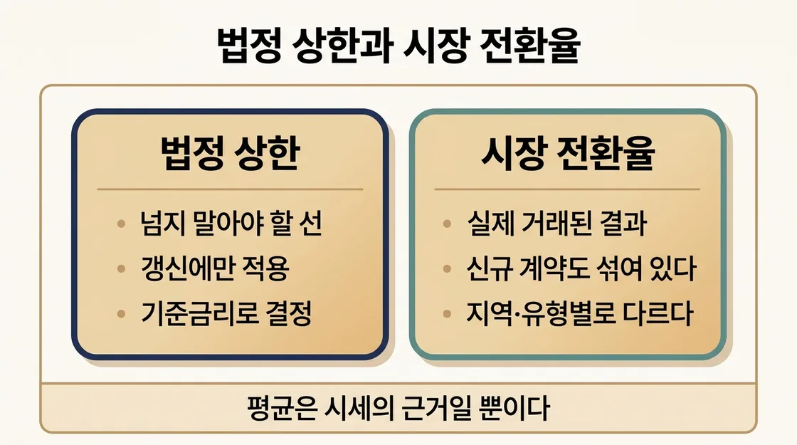 법정 상한과 실제 시장 전환율의 차이와 지역·유형별 경향 정리