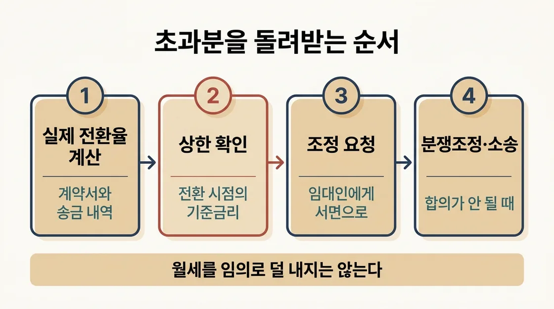 전월세 전환율 상한 초과분을 돌려받는 네 단계 절차 흐름 도해