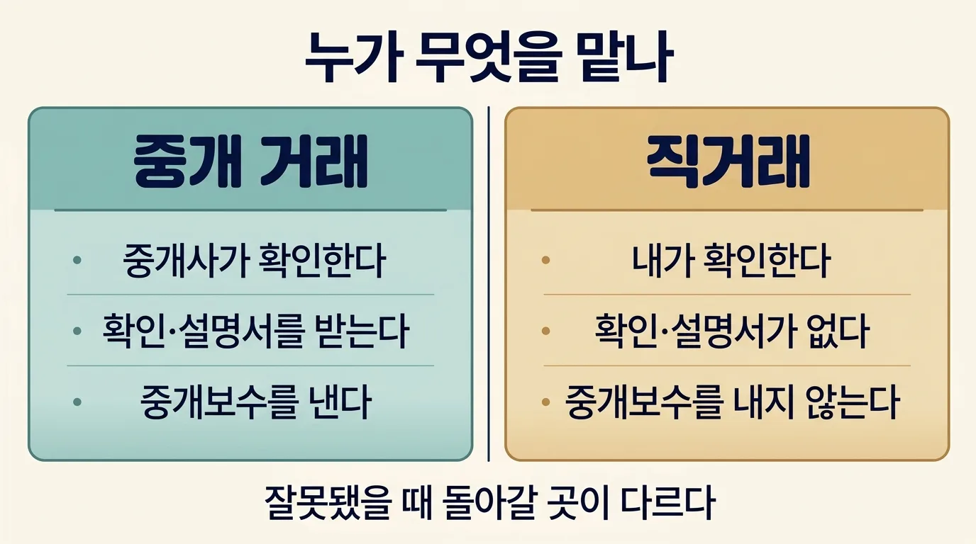 중개 거래와 직거래에서 누가 무엇을 맡는지 비교한 도해