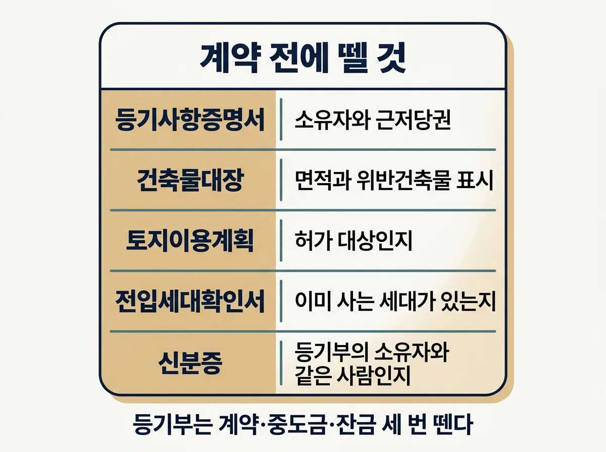 직거래 계약 전에 직접 떼어 확인할 서류 다섯 가지 도해