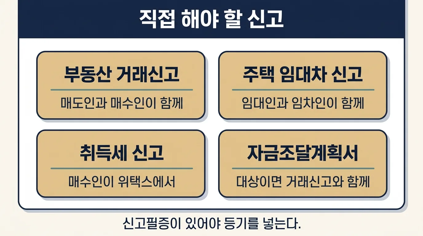 직거래에서 당사자가 직접 해야 할 신고 네 가지 정리 도해
