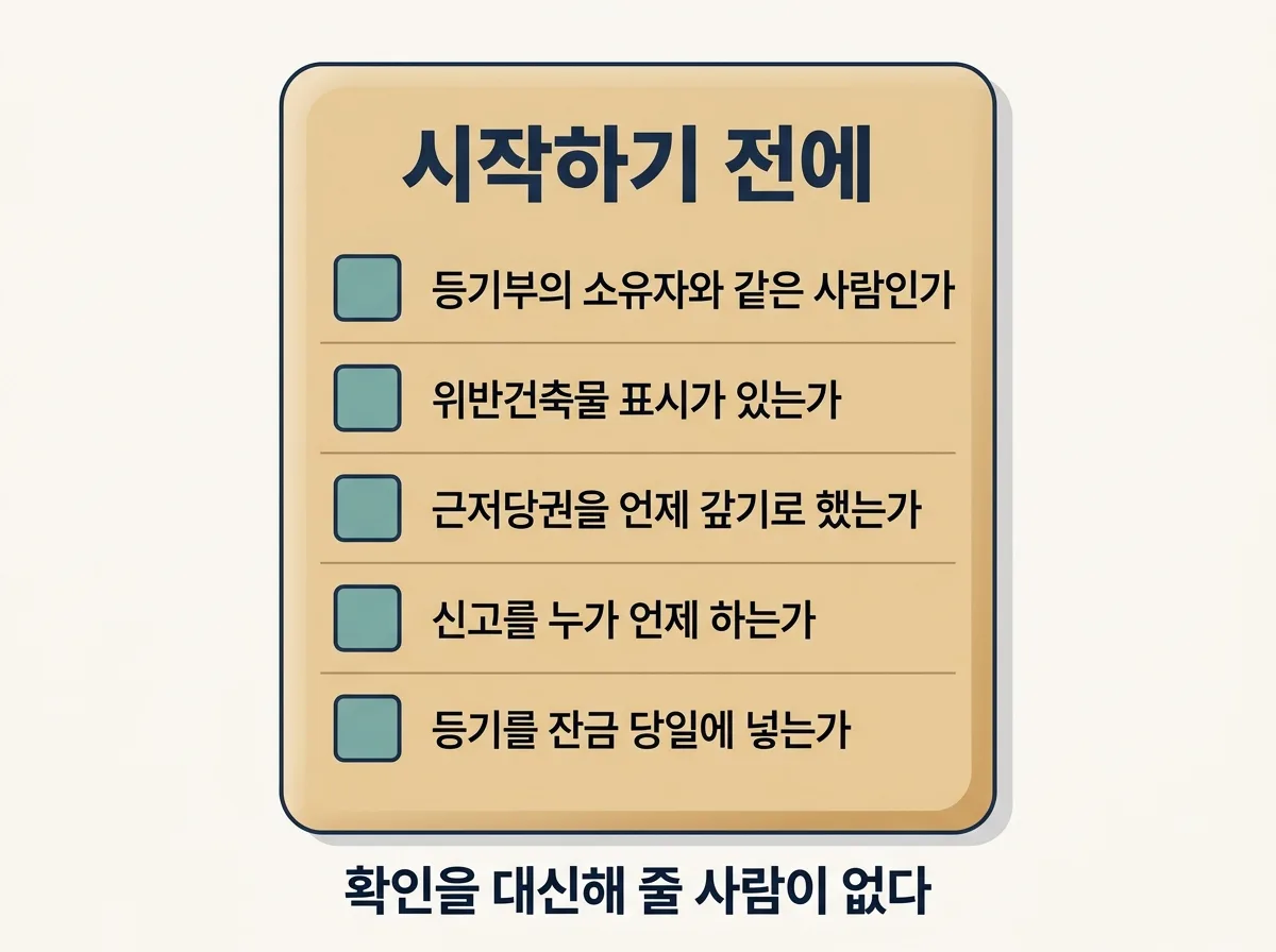 부동산 직거래 전에 확인할 다섯 가지 체크리스트를 정리한 도해