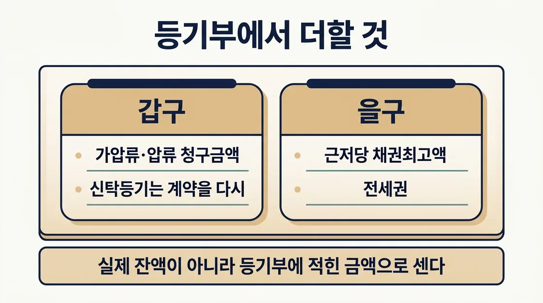등기부등본에서 합산해야 할 항목과 위치를 갑구·을구로 나눈 정리